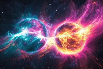 Vivid cosmic collision between two colorful celestial bodies in space