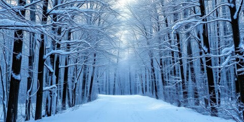 Enchanted snow-covered forest path, glistening icicles, soft light, fairytale, holiday