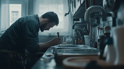 Plumber fixing a leak under a kitchen sink. Expertise and precision