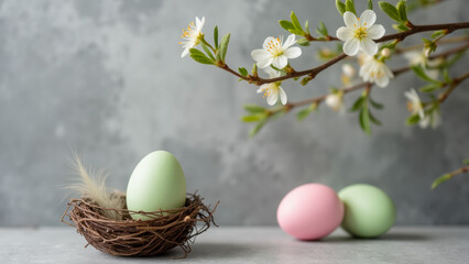 Obraz premium Elegant Spring Nest with Soft Colored Eggs Surrounded by Blossoming Flowers on a Light Gray Background for Seasonal Decor or Holiday Themes
