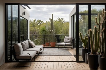 Fototapeta premium Modern outdoor balcony with seating and various plants displayed