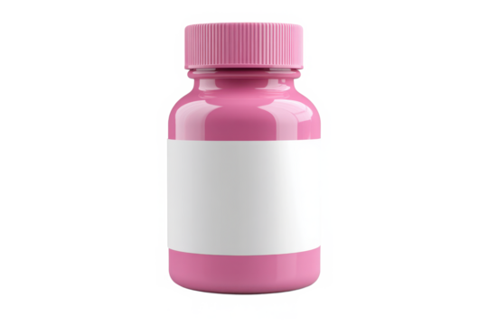 3D pink plastic medicine bottle with blank white label and pink cap Used for storing supplements vitamins or medications in pharmaceutical packaging Isolated on transparent background.