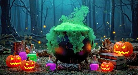 Naklejka premium Bubbling Witch Cauldron Emitting Eerie Green Smoke Within A Dark Mysterious Enchanted Forest Setting