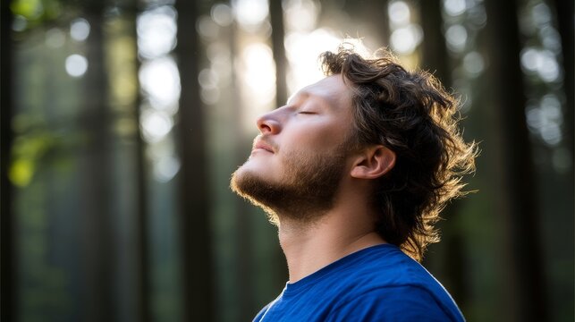 Relaxation and well-being are conveyed through the image of a young man taking a deep breath of fresh air, featuring copy space
