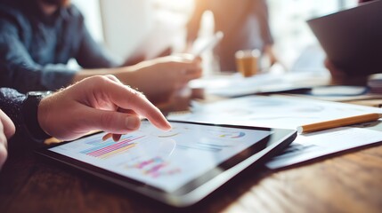 Business analysis on a digital tablet, highlighting the integration of technology in workplace productivity. Team collaboration is shown to discuss key performance indicators and drive project goals.