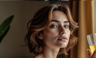 A woman with brown hair and a short haircut is holding a glass of wine