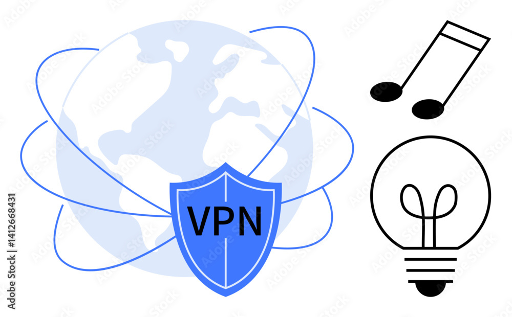 Poster globe with vpn shield symbolizing secure internet access, protected creativity with light bulb, and 