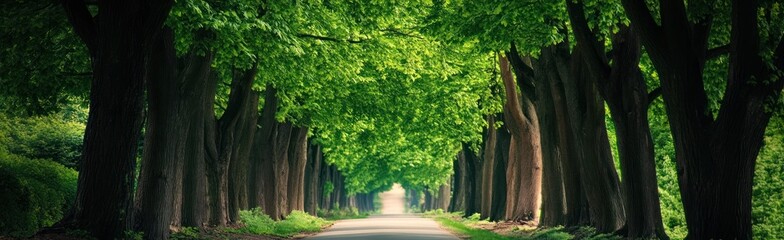 Fototapeta premium Sun-Dappled Road Tunnel: A Tranquil Journey Through Verdant Tree Canopy