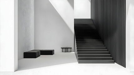 Obraz premium Modern Minimalist Interior Design With Black Wooden Stairs