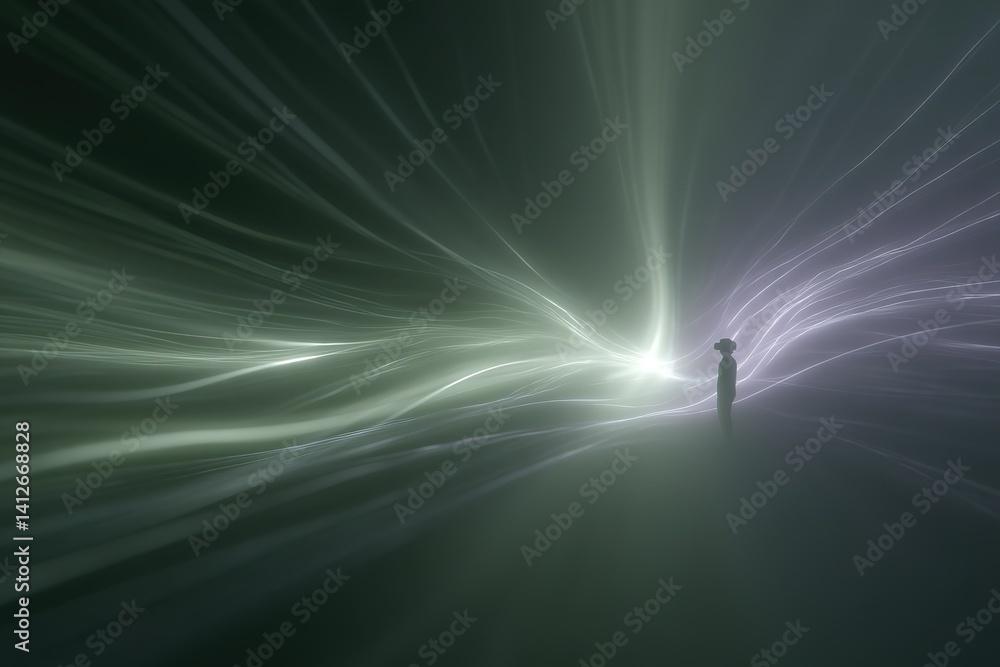 Poster mysterious figure standing in ethereal light waves in a surreal and abstract landscape