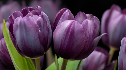Obraz premium Purple tulips in the garden. With space for copying.