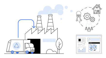Factory with smoke stacks, recycling truck unloading, digital analytics, team collaboration, housing, keys, gears. Ideal for sustainability, technology logistics analytics recycling teamwork