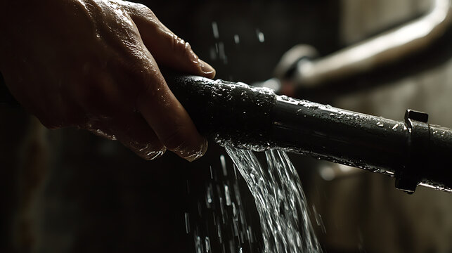 Plumber fixing a leaking pipe in a basement. Highlighting plumbing repairs and home maintenance