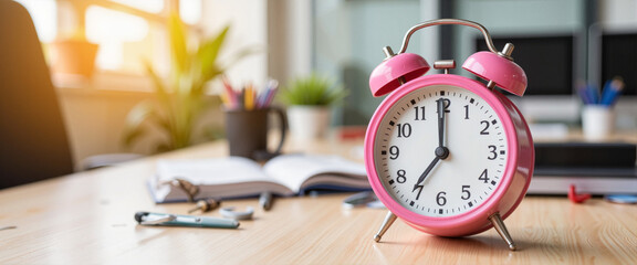 Pink alarm clock on a desk with plants and stationery items  