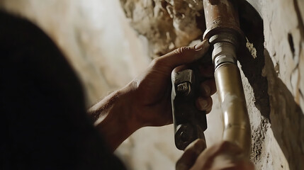 Plumber fixing a leaking pipe in a basement. Highlighting plumbing repairs and home maintenance