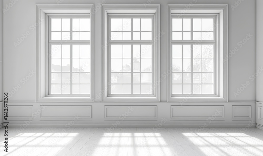 Aufkleber a minimalist white room features a diagonal pattern of light from the window, embodying concepts of 