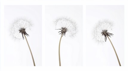 Dandelion seed heads isolated against a clean white background in a studio setting