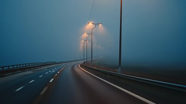 Foggy highway at night, lamps illuminate curving road