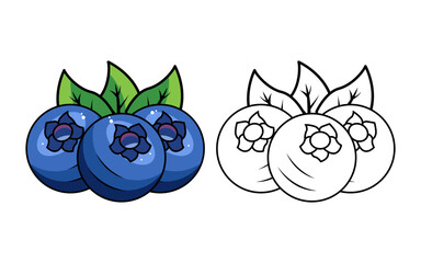 Vector Illustration of Blueberries with Lines and Colors, for Kids Coloring Book