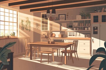 Sunlit kitchen interior with wooden table, chairs, and cabinets.