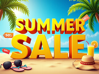 Summer Sales Concept with Beach Accessories, Tropical Elements and Discount Sign for Seasonal Promotion