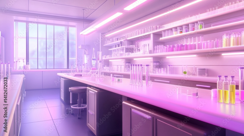 Poster clean biotech lab bench with pipettes and glassware used for genetic sequencing experiments