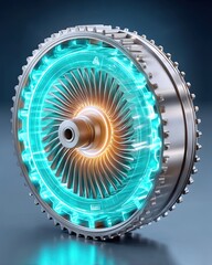 Industrial equipment and machinery digital twins predictive tools, Futuristic turbine wheel with glowing edges and intricate design. Real-time asset twin, equipment lifecycle tracking