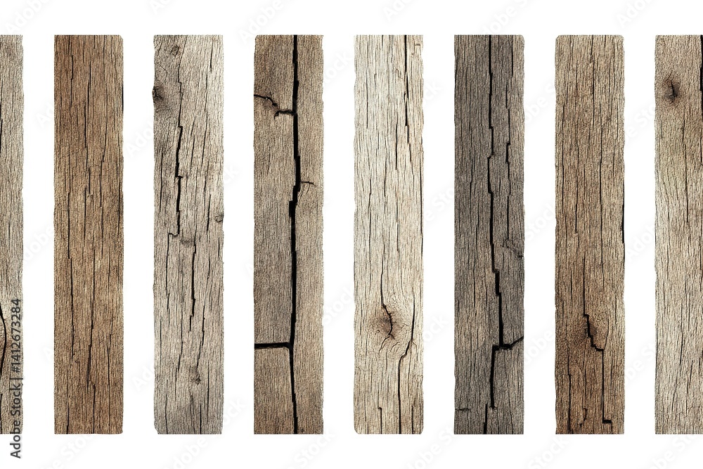 Poster nine vertical wooden planks displayed in various shades with weathered textures creating a rustic ae