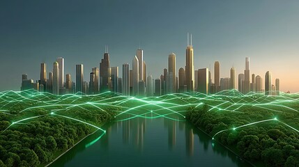 Smart city infrastructure using digital twins urban visuals, Modern cityscape with green technology and lush landscapes. Infrastructure AI grid, city planning twin
