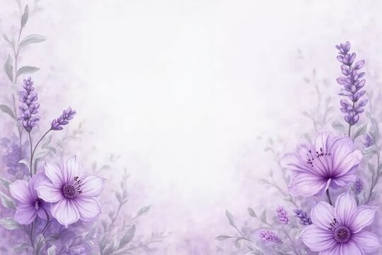 Dreamy lavender and violet flowers paired with silver leaves on a gentle pastel purple watercolor background