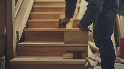 Carpenter building custom wooden staircase. Featuring custom staircase construction