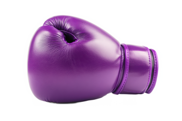 Purple leather boxing glove captured from the front view emphasizing its vibrant color and durable padding suitable for training and combat sports Isolated on transparent background.