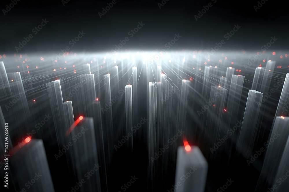 Poster abstract visual representation of light beams emanating from a dense array of transparent pillars at