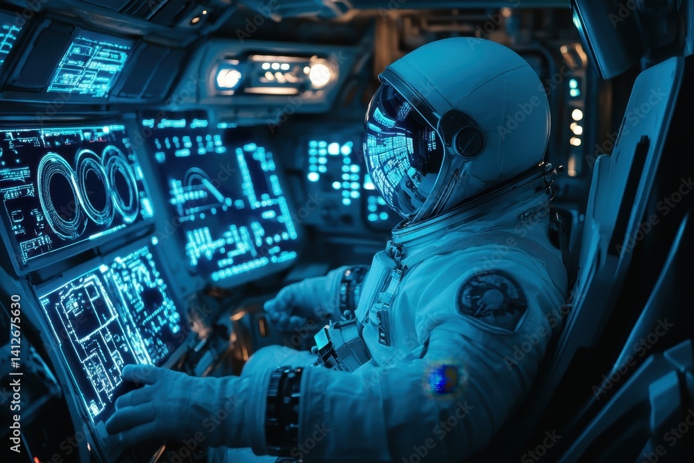 Poster astronaut operates a futuristic spacecraft control panel in deep space exploration