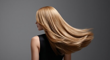 Naklejka premium For hair product ads, a beautiful model with long, shining, blond, and silky hair is featured in this stock photo