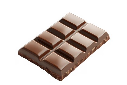 3D illustration of a chocolate bar featuring smooth square pieces The design emphasizes a rich indulgent treat with a glossy surface Isolated on transparent background.