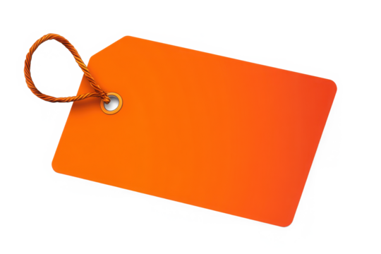 An orange label tag with a string perfect for branding pricing or identification in various applications Isolated on transparent background.