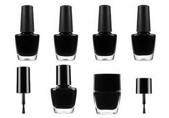 Arrangement of black nail polish bottles isoleted on white background