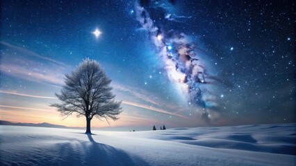Serene Winter Landscape Under a Starry Night Sky with Milky Way Galaxy and Lone Tree