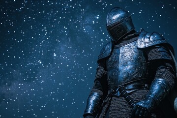 Naklejka premium Knight in shining armor stands beneath a starry night sky in a serene setting