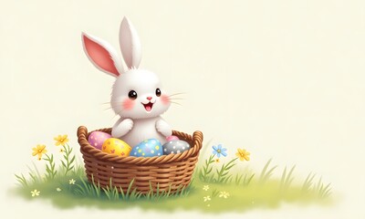 Adorable White Rabbit in Wicker Basket with Colorful Easter Eggs Nestled in Flowery Spring Patch