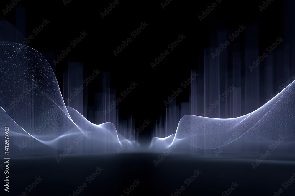 Poster digital wave pattern creates a serene visual effect in an abstract dark background