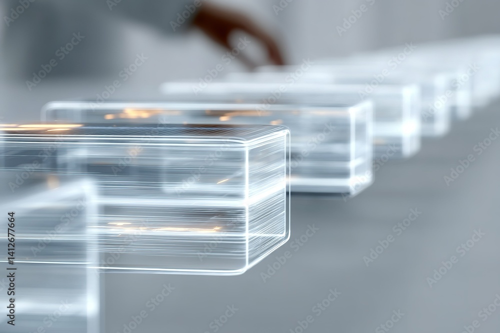Poster transparent blocks arranged on a table with a hand reaching towards them in a modern indoor setting