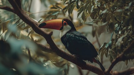 Toco Toucan Perched on Branch: A stunning toucan, renowned for its distinctive beak, perches gracefully on a branch amidst lush foliage, showcasing the splendor of the rainforest.