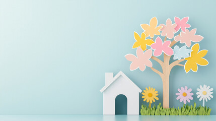 charming illustration of paper house and tree with colorful flowers on pastel blue background