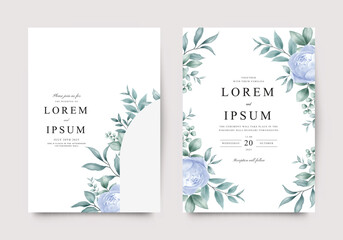 Wedding invitation set with blue rose flower decoration watercolor leaves