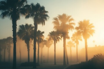 Obraz premium Morning fog envelops palm trees along the coast during sunrise showcasing natural beauty