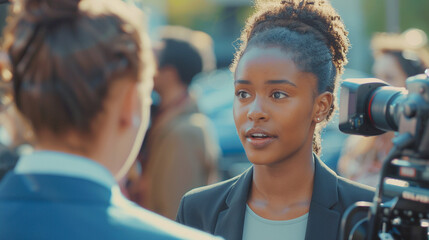 A candidate giving an interview to a news reporter at a campaign event. stock image, hd quality, natural look, blog post	