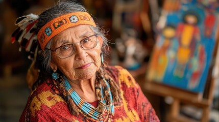 Obraz premium An intimate portrait of an elderly Native American woman dressed in traditional attire, exuding wisdom and cultural pride, surrounded by rich artistry.