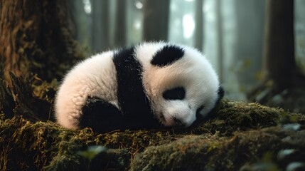 Sleepy Panda Cub: Adorable panda cub, curled in a ball, takes a nap in the soft moss at the base of a towering bamboo tree in a lush bamboo forest. The sunlight filters through the trees.